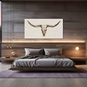 Handcrafted Texas Longhorn skull wall art engraved on rustic wood, western-style home decor