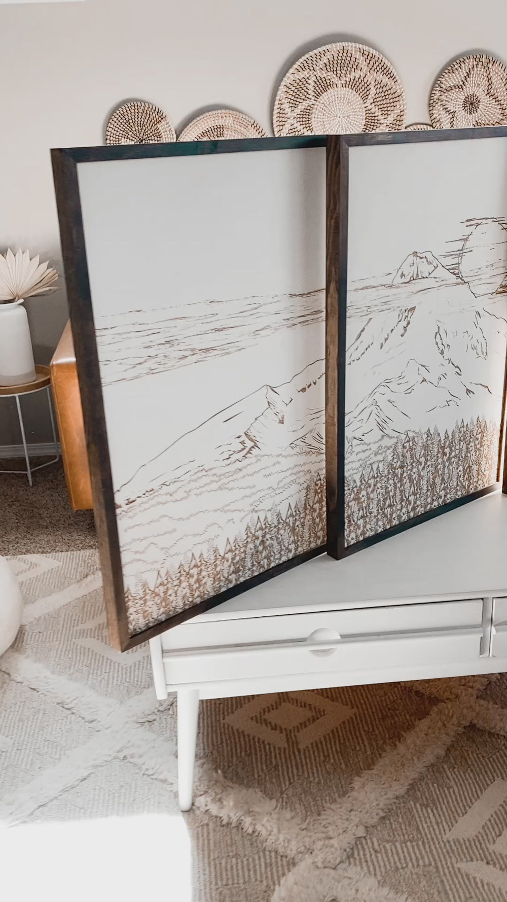 Mount Hood Hand Sketched Three Piece Wooden Artwork Set (Junction Coffee)