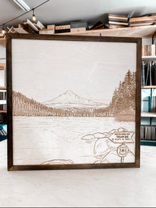 Mount Hood Landscape Hand Sketched Engraved Wooden Artwork