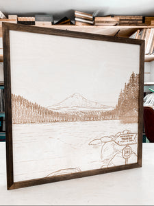 Mount Hood Landscape Hand Sketched Engraved Wooden Artwork
