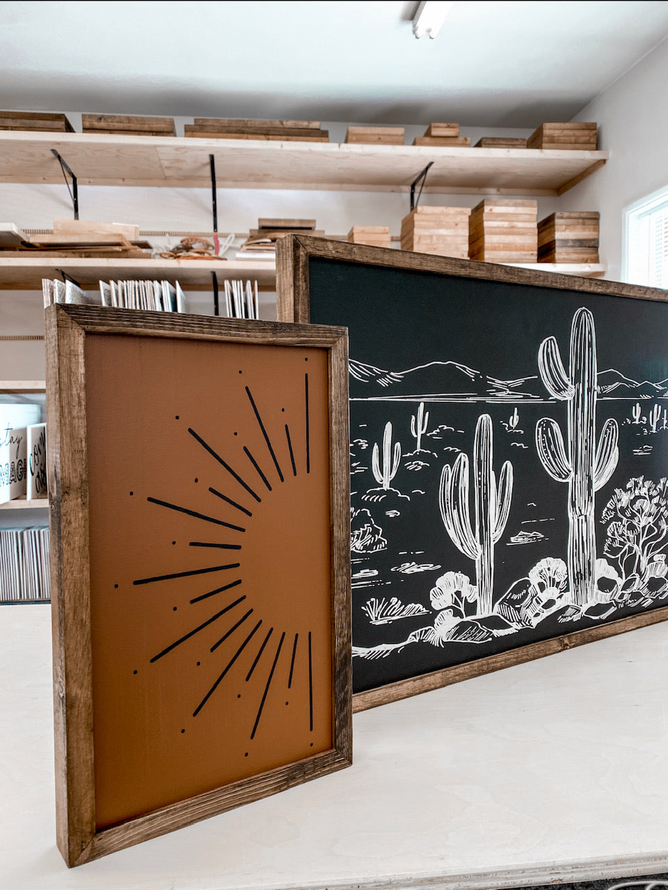 Cactus Desert Sunburst Wooden Artwork Set