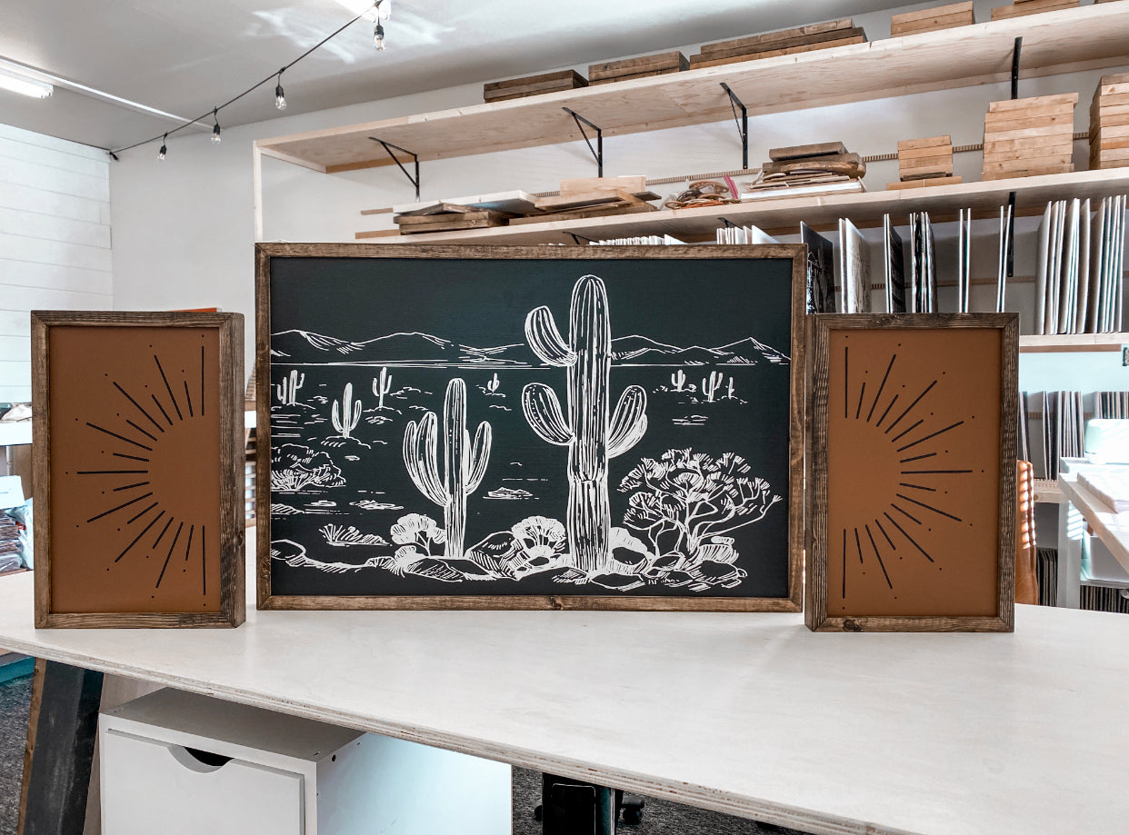 Cactus Desert Sunburst Wooden Artwork Set