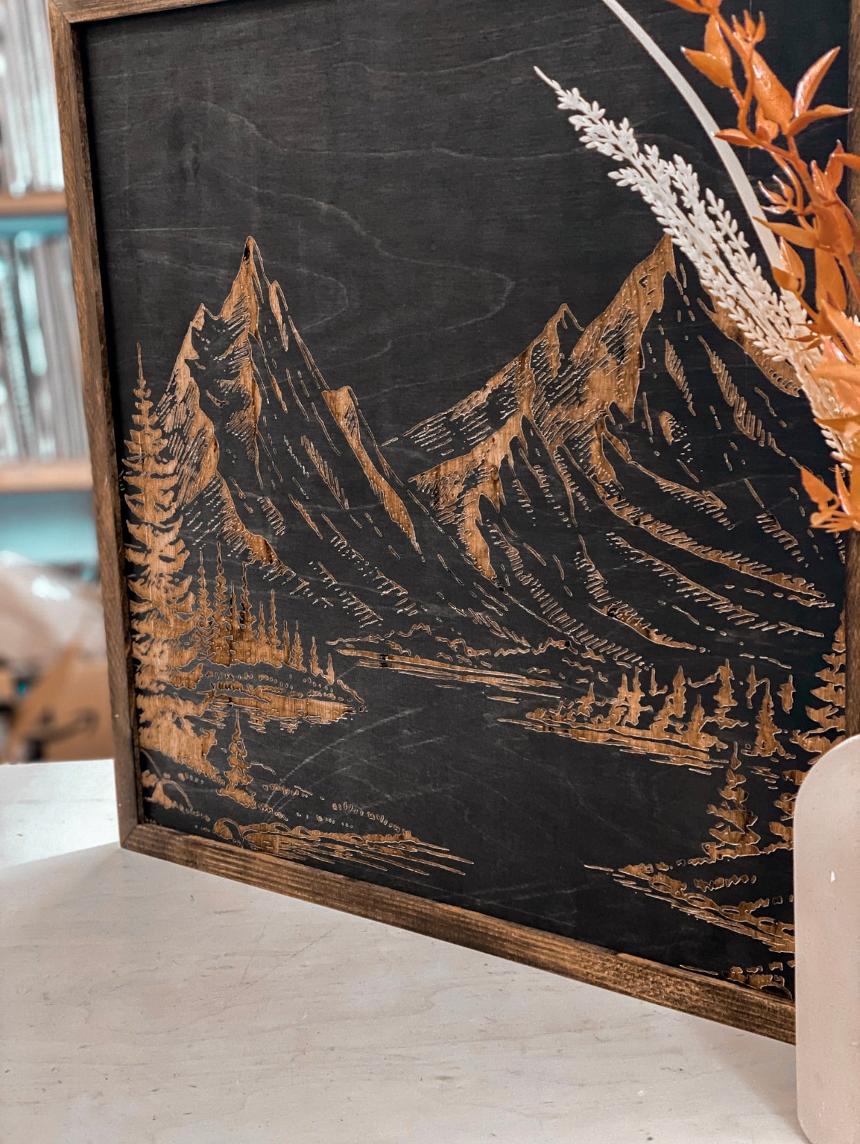 Mountain Landscape Hand Sketched Engraved Wooden Artwork