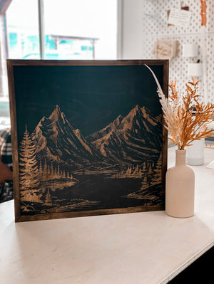 Mountain Landscape Hand Sketched Engraved Wooden Artwork