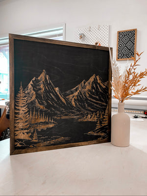 Mountain Landscape Hand Sketched Engraved Wooden Artwork