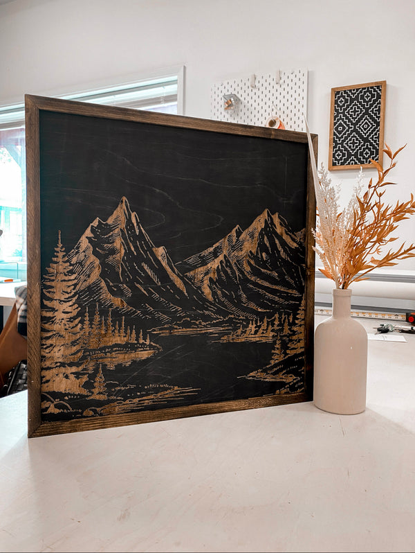 Mountain Landscape Hand Sketched Engraved Wooden Artwork