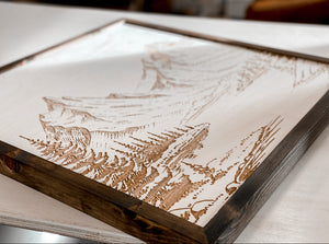 Mountain Landscape Hand Sketched Engraved Wooden Artwork