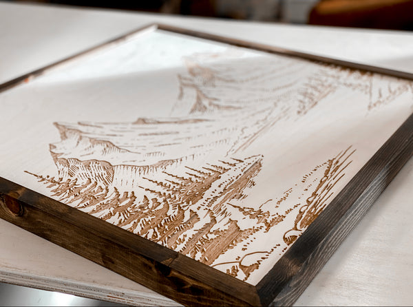Mountain Landscape Hand Sketched Engraved Wooden Artwork