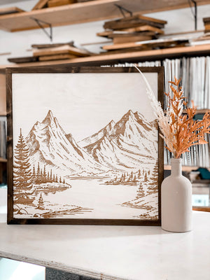 Mountain Landscape Hand Sketched Engraved Wooden Artwork