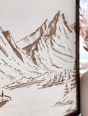 Mountain Landscape Hand Sketched Engraved Wooden Artwork