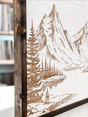 Mountain Landscape Hand Sketched Engraved Wooden Artwork