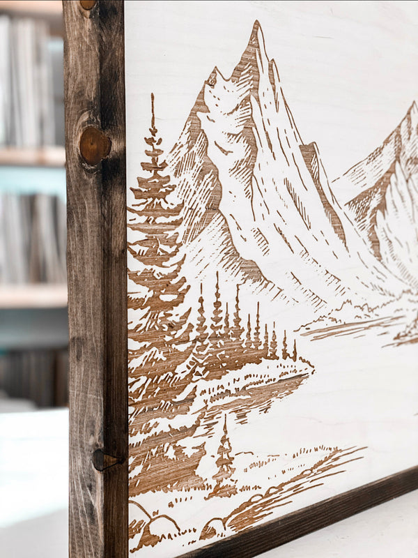 Mountain Landscape Hand Sketched Engraved Wooden Artwork
