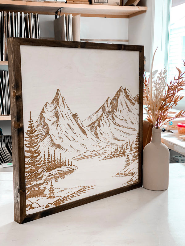 Mountain Landscape Hand Sketched Engraved Wooden Artwork