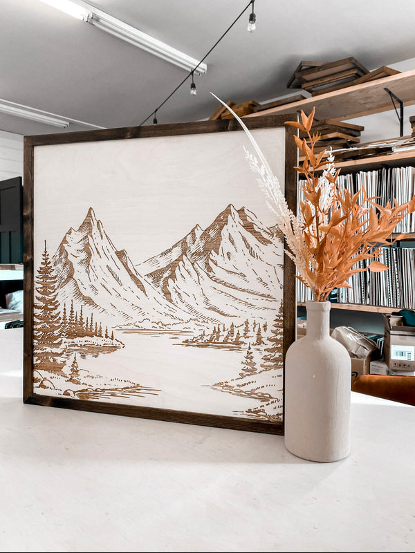 Mountain Landscape Hand Sketched Engraved Wooden Artwork