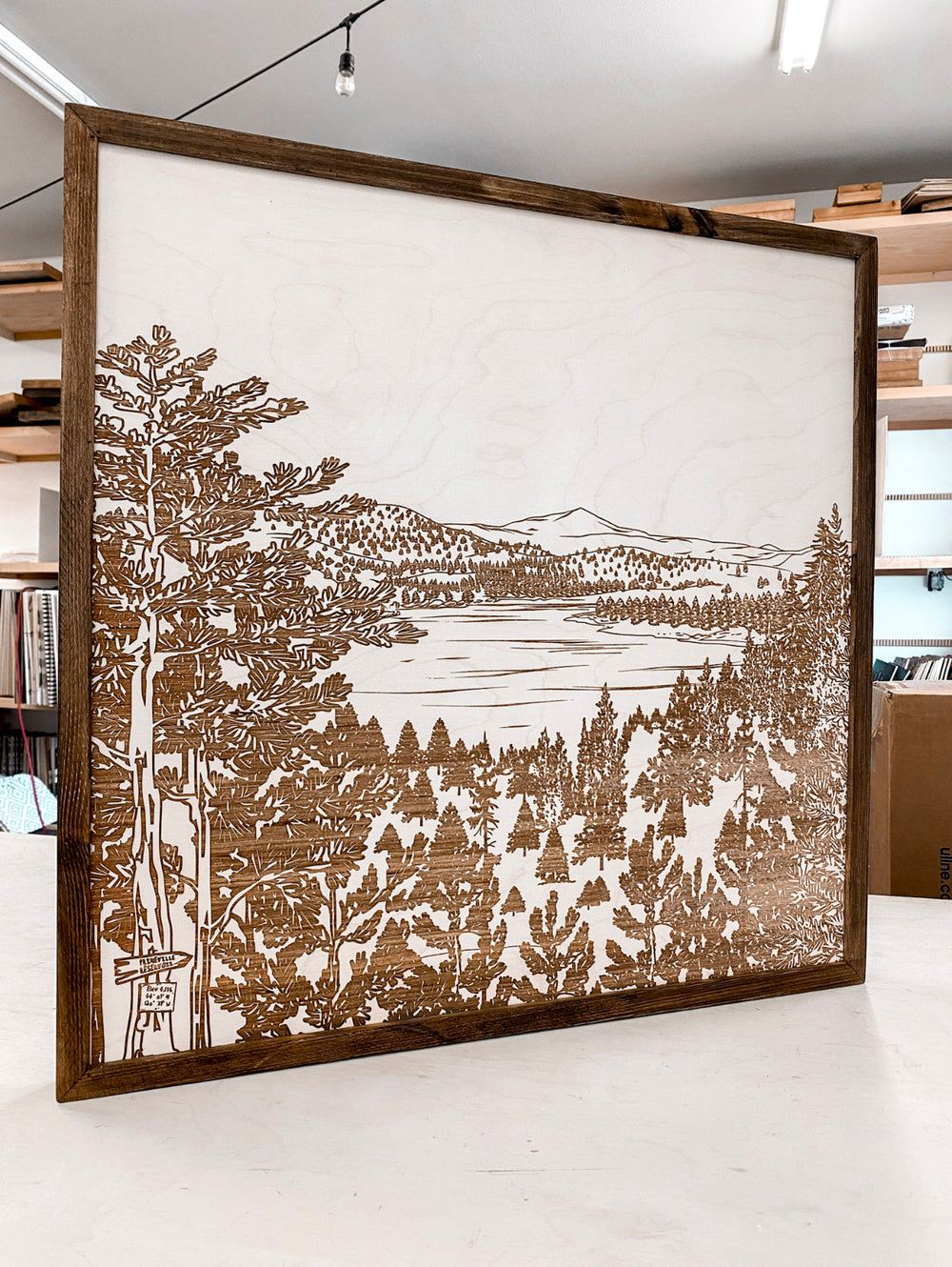 Prineville Reservoir Landscape Hand Sketched Engraved Wooden Artwork