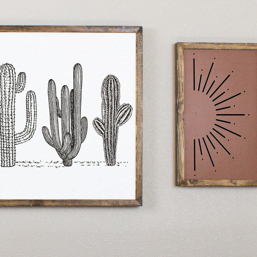 Sunburst And Cactus Wooden Artwork Set