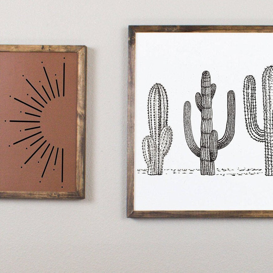 Sunburst And Cactus Wooden Artwork Set